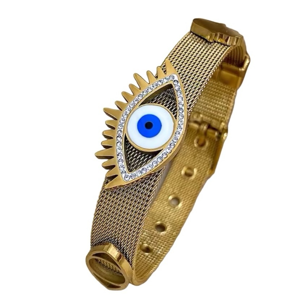 154A Evil Eye Belt Strap Stainless Steel Gold Plated Bracelet - Picture 3 of 8